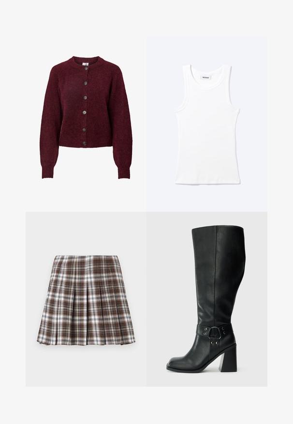Bordeaux wollen cardigan met ronde hals en zes zwarte knopen aan de voorkant, met lange mouwen en geribde manchetten en onderrand.; Wit mouwloos geribd tanktopje met ronde hals en een klein label met daarop "WEEKDAY" aan de binnenkant van de kraag.; Bruine en witte geplooide rok met een gestructureerd ontwerp en een frisse textuur, met een hoge taille en meerdere verticale plooien.; Kniehoge zwarte leren laarzen met een vierkante neus, brede hak en een decoratieve band met metalen accenten rond de enkel. Gladde textuur.