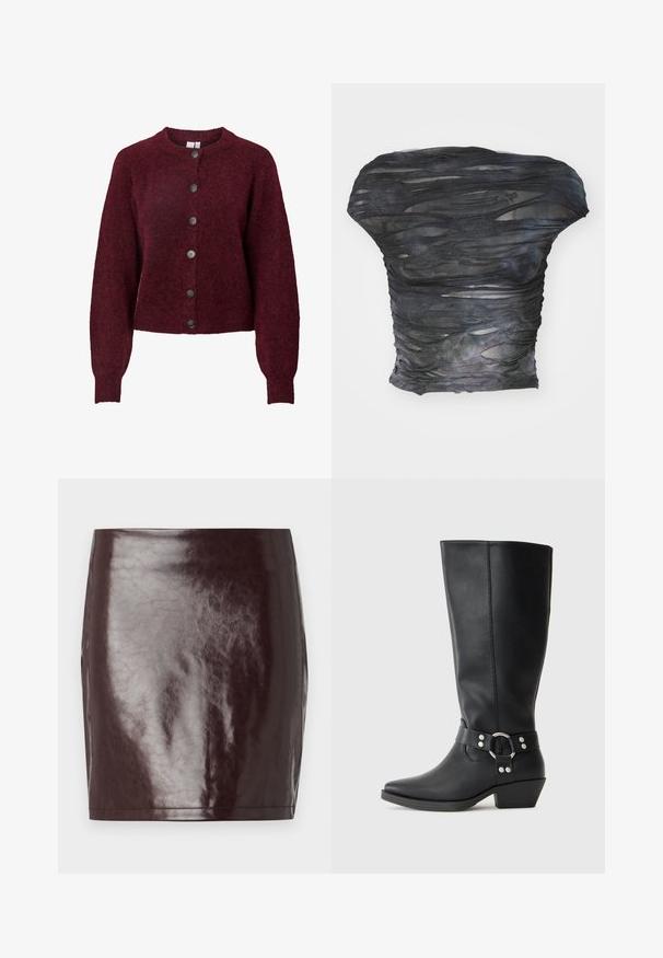 Bordeauxfarbener Wollcardigan mit Rundhalsausschnitt und sechs schwarzen Knöpfen auf der Vorderseite. Er verfügt über lange Ärmel sowie rippengestrickte Bündchen und Saum.; Schwarzes, durchscheinendes Oberteil mit einem strukturierten, geschichteten Design, das horizontale Schnitte aufweist. Das Material wirkt leicht und zeigt dezente Farbvariationen.; Burgunderfarbenen, kunstledernen Minirock mit glatter, glänzender Textur und figurbetontem Schnitt. Verfügt über klare Linien und einen geraden Saum.; Schwarze Lederstiefel bis zum Knie mit spitzem Zehenabschluss, ausgestattet mit einem dekorativen Knöchelriemen und silbernen Hardware-Elementen. Niedriger Blockabsatz.