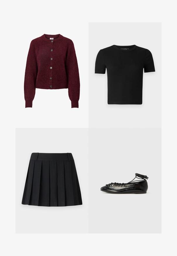 Cárdigan de lana burdeos con cuello redondo y seis botones negros en el frente, con mangas largas y puños y dobladillo acanalados.; Camiseta ajustada negra con mangas cortas, textura acanalada y cuello redondo. Diseño simple, sin logotipos visibles ni adornos.; Falda negra con pliegues y cintura ajustada, hecha de tejido ligero. Presenta pliegues espaciados uniformemente y un diseño simple y limpio.; Zapatos planos tipo ballet de charol negro con punta redondeada, diseño con cordones y suela plana. Textura lisa con detalles mínimos.