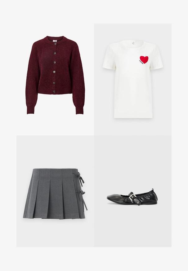 Burgunderrød uld cardigan med rund hals og seks sorte knapper ned foran, med lange ærmer samt ribbede manchetter og kant.; Hvid T-shirt med korte ærmer, prydet med et rødt hjerte og ordet "AMOUR" trykt på venstre bryst.; Grå plisseret mininederdel i et struktureret stof med bindelukning på den ene side og en glat linning for øget komfort.; Sorte læder flade sko med spids tå, samling detaljer omkring åbningen, og en sølv spænde accent på den justerbare rem.