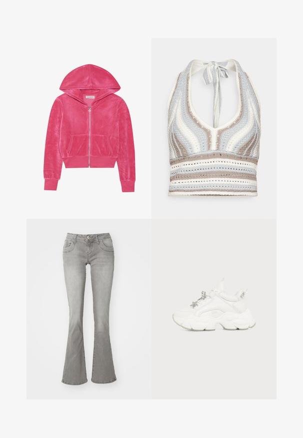 Hoodie rose en velours avec fermeture éclair, poches avant, poignets côtelés et capuche, posé à plat sur un fond blanc.; Haut halter en crochet avec des rayures bleu clair, beige et blanc, doté d'un décolleté en V profond et d'un lien dans le dos. Texture en torsion ouverte sur l'ensemble.; Jeans gris évasés avec une taille mi-haute, poches avant et fermeture à bouton, fabriqués en denim avec une texture lisse.; Baskets blanches épaisses avec une semelle texturée épaisse, des breloques argentées en forme d'étoile et de papillon sur les lacets, et des clous argentés sur la languette du talon.