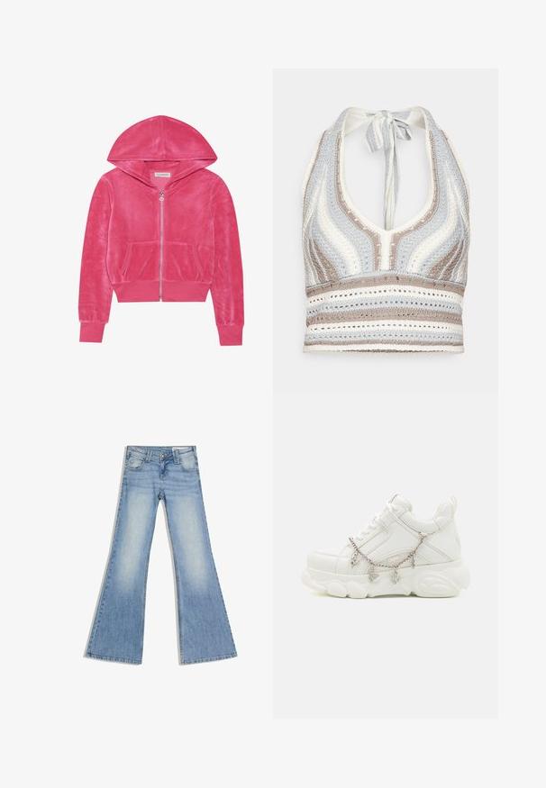 Lyserød fløjlszip-hoodie med frontlommer, ribbede ærmer og hætte, lagt fladt på en hvid baggrund.; Hæklet halterneck-top med lyseblå, beige og hvide striber, dyb V-halsudskæring og knyttet ryg. Åben vævet tekstur hele vejen igennem.; Lyseblå cowboybukser med høj talje, forlommer og vide, udvidede ben, lagt fladt på en hvid baggrund.; Hvide sneakers med en kraftig sål, tekstureret læderoverdel og dekorativ metal kæde med charms. Har snørebåndslukning og polstret krave.
