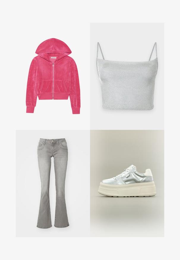 Lyserød fløjlszip-hoodie med frontlommer, ribbede ærmer og hætte, lagt fladt på en hvid baggrund.; Sølvmetallic strikket cropped top med tynde justerbare stropper. Tætsiddende design og glat tekstur. Ingen mønstre eller synlige hardware-detaljer.; Grå flagrende jeans med en middelhøj talje, frontlommer og knaplukning, lavet af denimstof med en glat tekstur.; Kraftig platform-sneaker med metallic sølv overdel, hvide snørebånd og tyk cremefarvet tekstureret sål, vist i sideprofil på neutral baggrund.