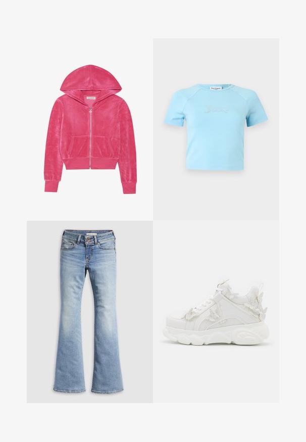 Lyserød fløjlszip-hoodie med frontlommer, ribbede ærmer og hætte, lagt fladt på en hvid baggrund.; Lyseblå crop top med korte ærmer og rund halsudskæring med teksten "Juicy" i rhinsten midt på brystet.; Lyseblå vidde jeans lavet af denim. Har knaplukning, fem lommer og falmet tekstur med sømløse kanter.; Hvid chunky sneaker med tyk sål og dekorative 3D sommerfugle detaljer på siden, snørebånd og hæl.