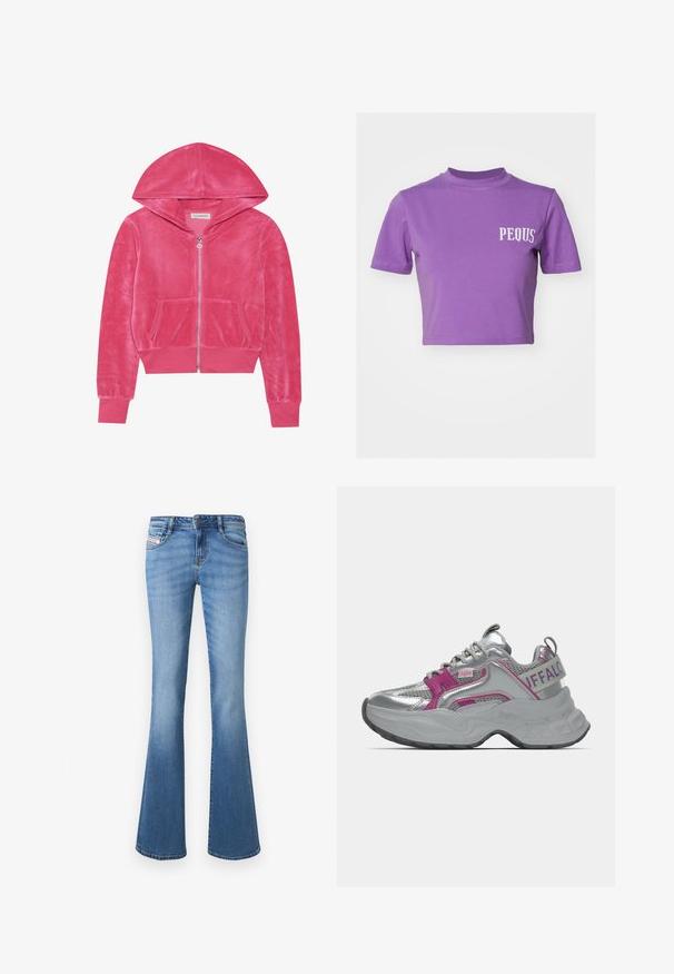 Lyserød fløjlszip-hoodie med frontlommer, ribbede ærmer og hætte, lagt fladt på en hvid baggrund.; Lilla cropped t-shirt lavet af blødt stof, med korte ærmer og rund halsudskæring. "PEQUS" trykt i hvidt på brystet.; Lyseblå denim flared jeans med mellemhøj talje, fem lommer og diskret falmning langs benene. Har en synlig logo-label.; Kraftig sølvfarvet sneaker med lyserøde accenter, meshpaneler, tyk sål og "Buffalo"-brand på hælstrop og side.