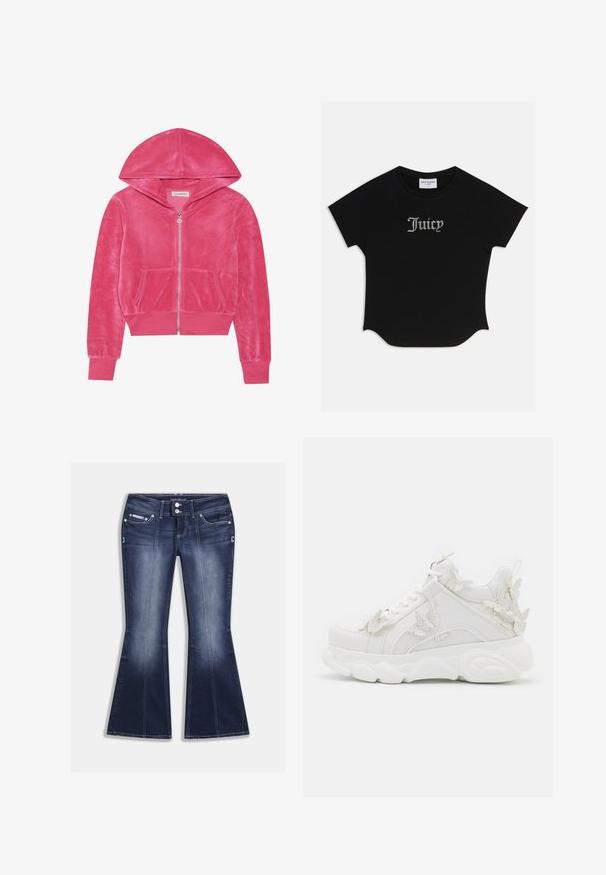 Lyserød fløjlszip-hoodie med frontlommer, ribbede ærmer og hætte, lagt fladt på en hvid baggrund.; Sort kortærmet T-shirt med rund bund og raglanærmer. Har pyntet "Juicy" tekst i rhinsten på forsiden.; Mørkeblå, viddeudvidede jeans lavet af denim, med fem lommer, kontrastsyninger og lukning med knap samt dekorative detaljer foran.; Hvid chunky sneaker med tyk sål og dekorative 3D sommerfugle detaljer på siden, snørebånd og hæl.