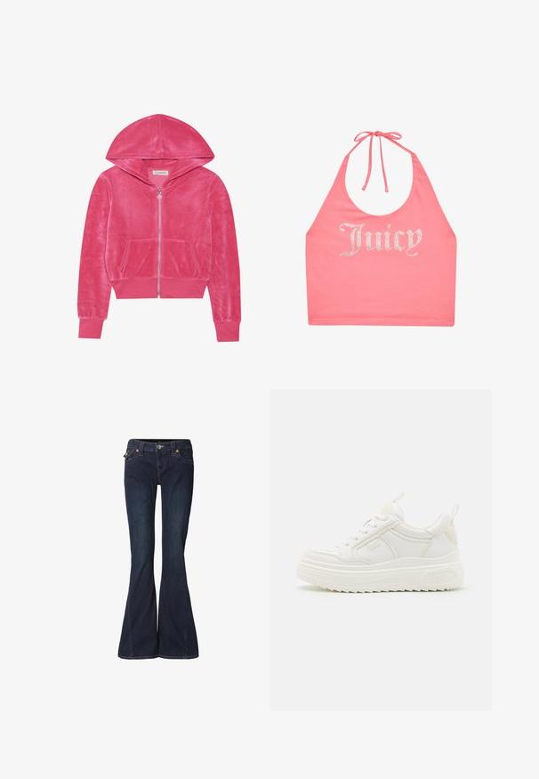 Roze fluwelen hoodie met ritssluiting, voorzakken, geribde manchetten en een capuchon, plat gelegd op een witte achtergrond.; Roze haltertop met strik in de nek en strassletters die "Juicy" aan de voorkant spellen.; Uitlopende donkerblauwe spijkerbroek met een nauwsluitende taille, twee voorzakken en subtiele stikdetails. Voorzien van knoop- en ritssluiting.; Witte leren sneakers met een stevige zool, vetersluiting en subtiele branding. Heeft een zachte textuur en een ronde neus.