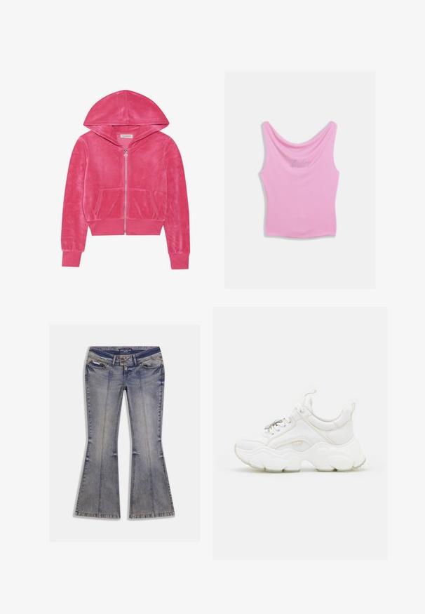 Lyserød fløjlszip-hoodie med frontlommer, ribbede ærmer og hætte, lagt fladt på en hvid baggrund.; Pink tanktop med rund halsudskæring og tætsiddende silhuet, med "Juicy" skrevet i rhinsten hen over brystet. Blød stoftekstur.; Denim jeans med vidde i lys blå med falmede pletter, forlommer og kontrastsyning. Har lynlås og mærketalje.; Hvide chunky sneakers lavet af læder og mesh-materialer, med en tyk sål, rund tå og dekorative snørebånd. Let teksturerede detaljer.