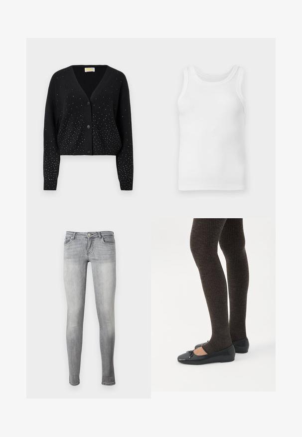 Gilet noir à côtes avec décolleté en V, trois boutons et petites clous en argent dispersés sur le devant et les manches pour un effet scintillant.; Débardeur sans manches en coton blanc côtelé avec encolure ronde, présenté à plat sur un fond gris clair.; Jean gris délavé coupe slim avec bouton avant, fermeture éclair et cinq poches, présenté sur un fond blanc uni.; Jambes portant des leggings côtelés foncés associés à des ballerines noires avec de petits détails en nœud sur fond blanc.