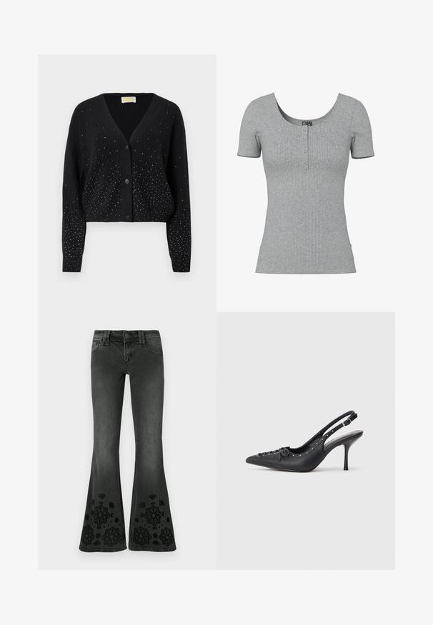 Gilet noir à côtes avec décolleté en V, trois boutons et petites clous en argent dispersés sur le devant et les manches pour un effet scintillant.; Haut gris côtelé à manches courtes avec un col rond en U et quatre petits boutons en ligne au centre devant.; Jeans noirs évasés avec une finition délavée ; ornés de motifs floraux brodés en noir à l'ourlet ; tissu en denim à texture lisse.; Escarpin en cuir noir à talon aiguille avec un bout pointu, une bride latérale à boucle, des clous le long du bord et un laçage décoratif à l'avant.