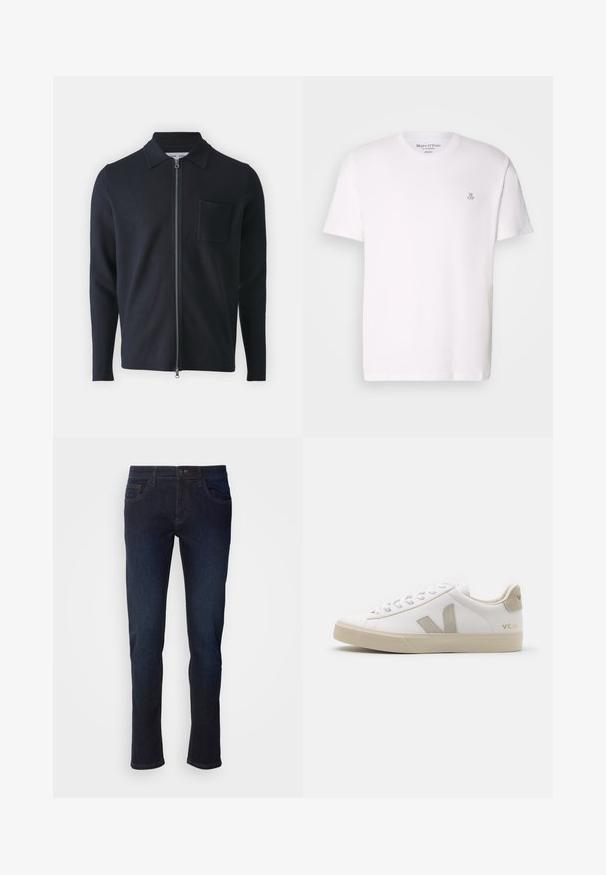 Pull zippé marine avec col, manches longues et poche poitrine. Fabriqué à partir d'un tissu doux avec une texture lisse.; T-shirt blanc à manches courtes en coton avec un col rond et un petit logo gris sur la poitrine. Texture lisse, coupe classique.; Jean en denim bleu foncé avec une coupe droite, dotés de poches avant, d'une fermeture éclair et de détails de couture subtils.; Baskets en cuir blanc avec des accents beiges, semelle plate en caoutchouc, bout rond et logo contrastant sur le côté et à l'arrière. Design à lacets.