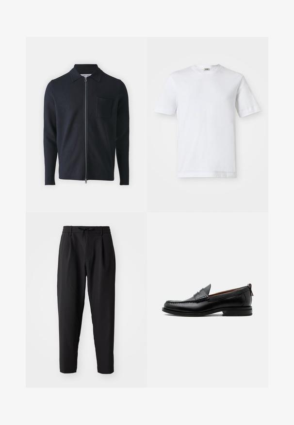Pull zippé marine avec col, manches longues et poche poitrine. Fabriqué à partir d'un tissu doux avec une texture lisse.; T-shirt en coton blanc à manches courtes, col rond et texture lisse. Aucun motif ni accent visible.; Pantalons noirs fuselés avec une taille élastique et un cordon de serrage. Tissu lisse avec une texture légère, présentant des plis et des poches latérales.; Mocassin homme en cuir noir avec couture moc toe, bride penny, col texturé et petit talon empilé sur fond blanc.