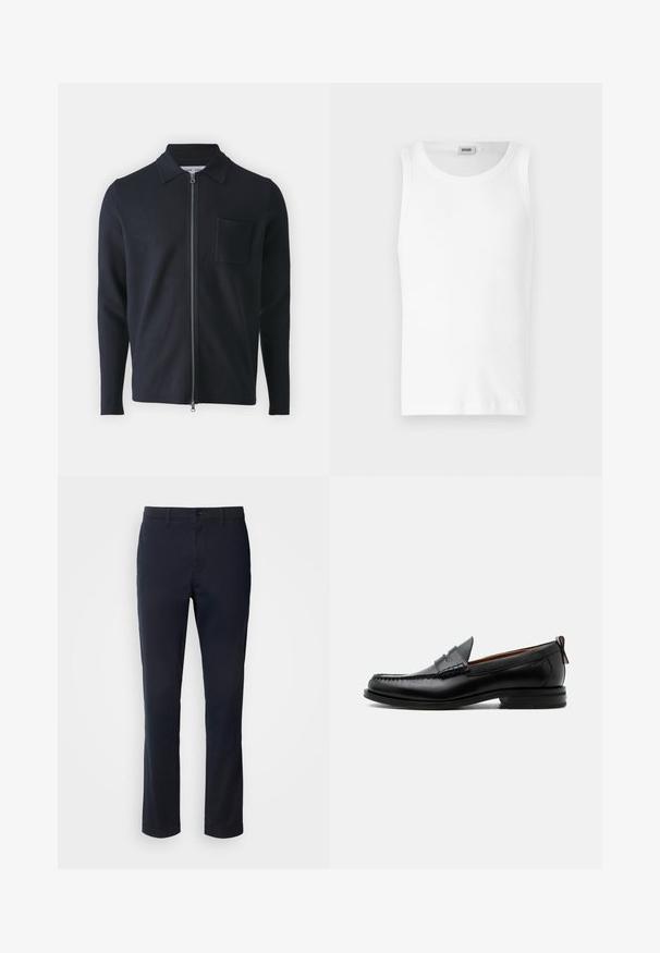 Pull zippé marine avec col, manches longues et poche poitrine. Fabriqué à partir d'un tissu doux avec une texture lisse.; Débardeur en coton blanc sans manches avec un col rond et une texture lisse. Design simple, sans motifs ni accents.; Pantalon bleu marine en tissu lisse, featuring une coupe droite, des passants de ceinture et une fermeture à bouton avec un zip.; Mocassin homme en cuir noir avec couture moc toe, bride penny, col texturé et petit talon empilé sur fond blanc.
