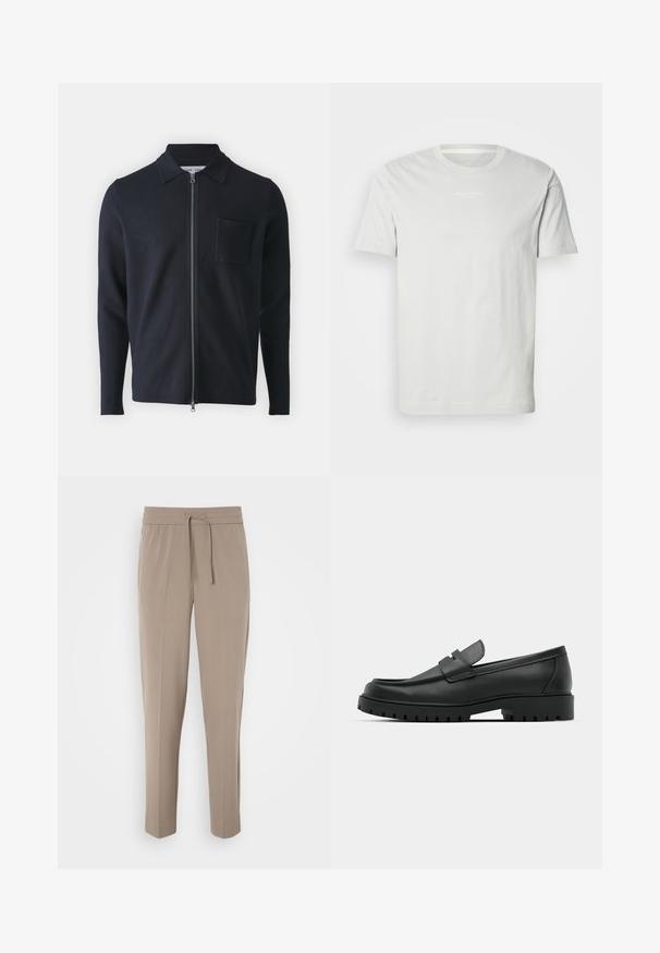 Pull zippé marine avec col, manches longues et poche poitrine. Fabriqué à partir d'un tissu doux avec une texture lisse.; T-shirt en coton blanc à manches courtes, col rond et petit logo sur la poitrine. Texture douce et coupe classique. Pas de motifs.; Pantalons beige clair avec une taille élastique, cordon de serrage ajustable et jambes fuselées. Le tissu semble lisse avec un léger éclat.; Mocassins en cuir noir à bout arrondi, avec un design cousu, une semelle plateforme basse et une semelle en caoutchouc texturée et crantée.