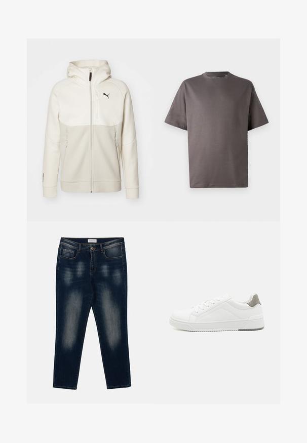 Vaalean beige vetoketjullinen huppari, jossa on huppu, suunniteltu kermaisten paneelien kanssa, korkea kaulus, kaksi vetoketjullista taskua ja musta logo rinnassa.; T-paita tummanharmaana, lyhythihaisena, pyöreällä kaula-aukolla, valmistettu pehmeästä kankaasta, jossa on rento leikkaus ilman näkyviä kuvioita tai yksityiskohtia.; Tummansiniset farkut, joissa haalistuneita kohtia reidissä, viisitaskuinen malli, napillinen kiinnitys ja vyötäröllä "Pier One" -merkintä.; Valkoinen lenkkari, jossa on sileä nahkamateriaali, pyöristetty kärki, minimalistinen muotoilu, harmaa kantapääkorostus ja teksturoitu kumipohja.