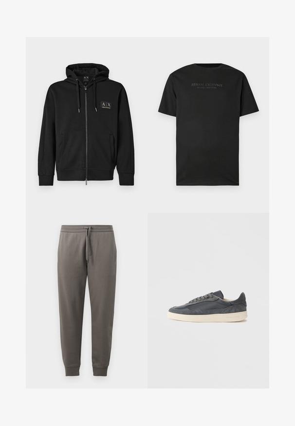 Haut à capuche zippé noir avec poches avant, cordon de serrage à la capuche et petit patch logo doré Armani Exchange sur la poitrine gauche.; T-shirt noir à manches courtes avec col rond, portant "ARMANI EXCHANGE MILANO / NEW YORK" imprimé en petites lettres gris foncé sur la poitrine.; Pantalon de survêtement gris avec une taille à cordon, jambes fuselées et poignets côtelés. Texture lisse, avec un discret détail de logo.; Baskets gris foncé en cuir et daim avec une conception basse, dotées d'une semelle en caoutchouc de couleur crème et de lacets plats.
