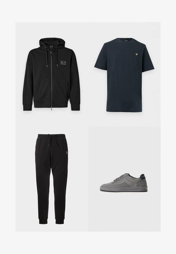 Sort zip-up hoodie med frontlommer, snoretræk i hætten og lille guld Armani Exchange logo-patch på venstre bryst.; Navyblå tekstureret T-shirt med korte ærmer, rund hals og lille guld fuglelogo på venstre bryst.; Sorte smalle joggingbukser med elastisk linning, snøre, sidelommer og ribbet ribkant, vist på ensfarvet baggrund.; Grå sneakers med tekstureret stof, glatte detaljer, rund tå og gummisål. Har kontrasterende mørk hælflap og snørebånd. Minimalistisk design.