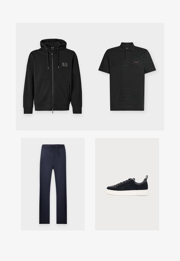 Sort zip-up hoodie med frontlommer, snoretræk i hætten og lille guld Armani Exchange logo-patch på venstre bryst.; Sort polo med korte ærmer, krave og lille vinge-logo på venstre bryst, vist på en lys baggrund.; Marineblå bukser med lige ben, elastisk linning og snøre foran, designet til afslappet eller hjemligt brug.; Sort lavtop sneaker med hvid sål, snørebånd foran, trækflap på hælen og et diskret "AX"-mønster på sidepanelet.