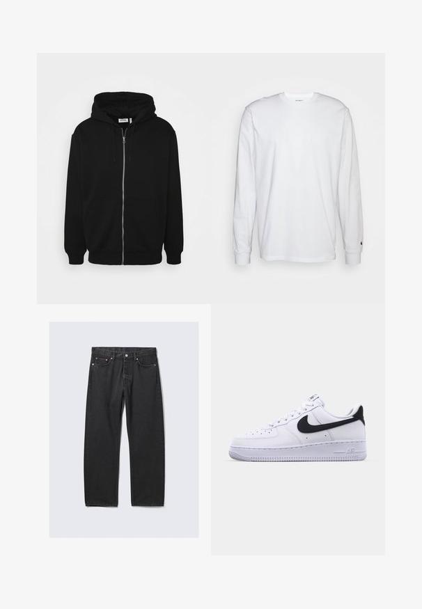 Haut à capuche zippé noir avec un cordon de serrage, poches avant, poignets côtelés et une texture de tissu lisse. Étiquette de marque centrale visible à l'intérieur.; T-shirt blanc à manches longues en coton. Design à col rond avec des poignets côtelés et un petit logo sur la manche gauche. Texture lisse.; Jean noir droit avec cinq poches et une fermeture bouton à la taille, posé à plat sur un fond clair.; Sneaker en cuir blanc avec un Swoosh noir texturé, des lacets plats et une semelle en caoutchouc avec un motif strié. "AIR" est embossé sur le talon.