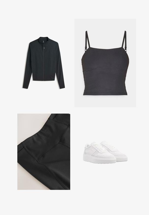 Sort zip-jakke med lange ærmer, der har en høj krave og sidelommer. Glat stof med en tætsiddende pasform og uden synlige mønstre.; Sort ribbet camisole med tynde justerbare stropper og tætsiddende design, der har en glat tekstur og en lige halsudskæring.; Nærbillede af sorte atletiklegginger med høj talje og synlige sømme, med et diskret "ACTIVE" logo på stoffet.; Hvide sneakers med en overdel i ruskind og perforeret læder, flade snørebånd, polstret krave og en tyk, struktureret gummisål.