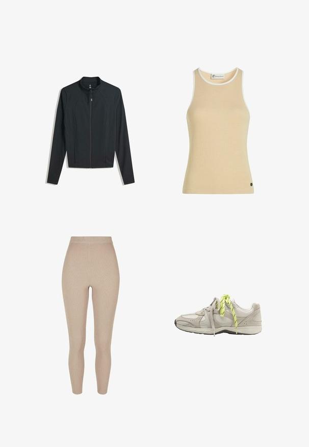 Sort zip-jakke med lange ærmer, der har en høj krave og sidelommer. Glat stof med en tætsiddende pasform og uden synlige mønstre.; Beige ribbet tanktop med hvide kanter. Den har en tætsiddende silhuet og et lille logodetalje på kanten. Tekstureret stof forbedrer grebet.; Ribbede leggings i en lys beige farve, med høj talje og tætsiddende design, lavet af et strækbart stof for komfort og fleksibilitet.; Lysegrå atletiksko set fra siden med beige detaljer og en skriggul snøre bundet ved siden af en grå snøre.