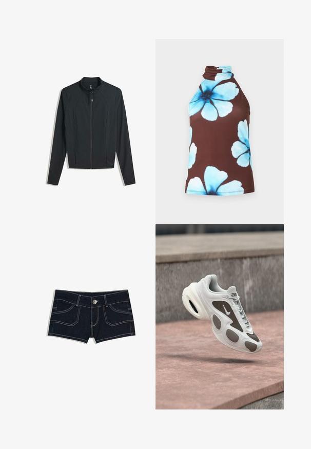 Veste noire zippée avec manches longues, dotée d'un col montant et de poches latérales. Tissu lisse avec un design ajusté et sans motifs visibles.; Haut marron sans manches à col montant, décoré de grands imprimés floraux bleu clair.; Shorts en denim bleu foncé avec coutures blanches, fermeture avant par boutons, et deux poches avant sur fond blanc.; Baskets Nike blanches et grises flottant au-dessus d'une surface en pierre, avec un devant à lacets et un coussin d'air visible dans la semelle.