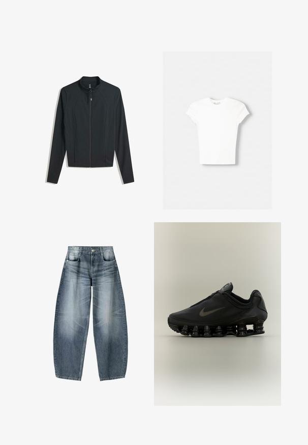 Sort zip-jakke med lange ærmer, der har en høj krave og sidelommer. Glat stof med en tætsiddende pasform og uden synlige mønstre.; Hvid kortærmet t-shirt lavet af blød bomuld, med rund halsudskæring og en tætsiddende form. Ingen synlige mønstre eller udsmykninger.; Bredde jeans lavet af lyseblå denim med falmning, der har et fem-lomme design, knaplukning og minimale syninger.; Sort Nike-sneaker med lynlåsfunktion øverst og karakteristisk fjederlignende opdelt sål, vist i sideprofil mod en neutral baggrund.
