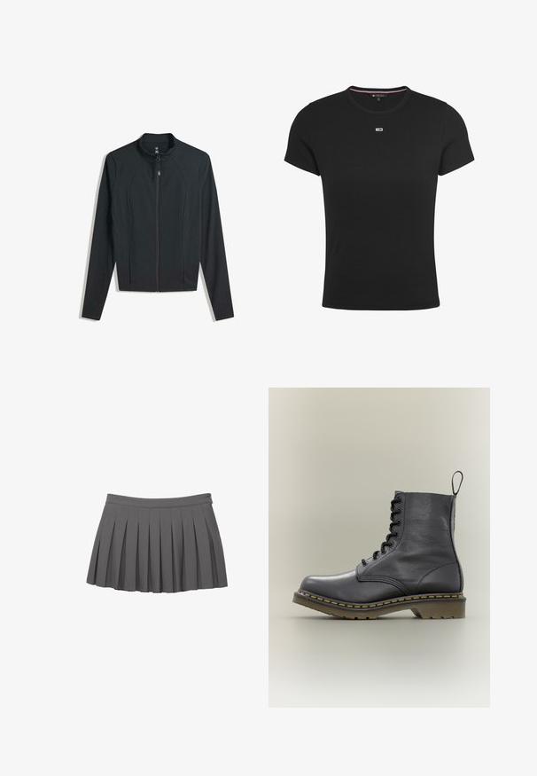 Veste noire zippée avec manches longues, dotée d'un col montant et de poches latérales. Tissu lisse avec un design ajusté et sans motifs visibles.; T-shirt noir à manches courtes en coton ribbed, avec un col rond et un petit logo sur la poitrine. Taille S.; Mini-jupe plissée grise avec une ceinture droite et une fermeture à bouton sur le côté, présentée sur un fond blanc.; Botte de combat en cuir noir avec 8 œillets, semelle en caoutchouc, couture jaune et une languette à l'arrière. Présente une tige texturée.
