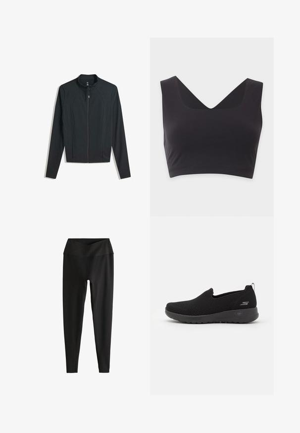 Sort zip-jakke med lange ærmer, der har en høj krave og sidelommer. Glat stof med en tætsiddende pasform og uden synlige mønstre.; Sort ærmeløs crop top med brede stropper og dyb V-hals på en ensfarvet lys baggrund.; Sorte leggings med høj talje og bred, foldet linning designet til en tæt og behagelig pasform.; Sorte slip-on sko lavet af åndbart meshmateriale, med en tekstureret overdel, polstret sål og et lille logo på siden.