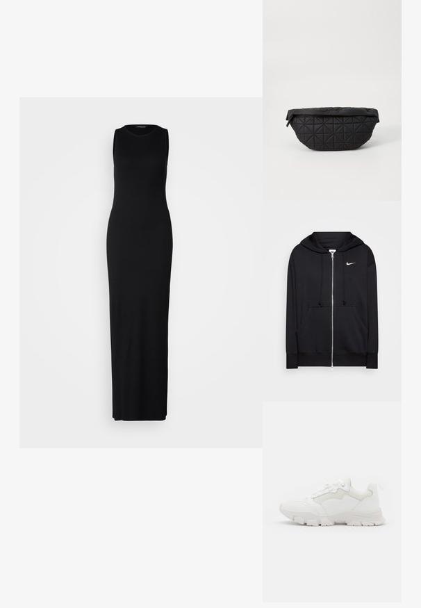 Mustikas värvi tõmblukuga kapuutsiga sviiter, millel on pehme kangas, ees taskud, ribatega mansetid ja rindkeres väike valge Nike logo.; Mustmust lääne kleit, mis on valmistatud siledast ja venivast kangast. Omab ümmargust kaelust ja keha lähedalt järgivat siluetti, mis ulatub pahkluuni.; NA-KD CONTRAST SOLE TREKKING - Tossud - white; Must mustriga kott, millel on pehme, pehmendatud tekstuur ja nurga kujuline teemantmuster, kumer siluett ja tõmblukuga sulgemine.