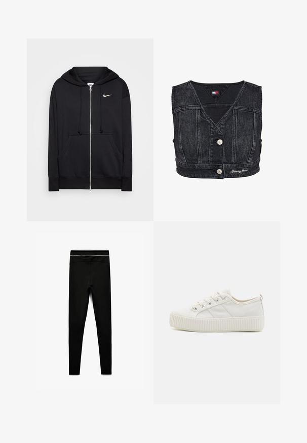 Schwarze Zip-Hoodie aus weichem Stoff, mit Kapuze, Fronttaschen, gerippten Bündchen und einem kleinen weißen Nike-Logo auf der Brust.; Schwarze Denim-Croppd-Weste mit V-Ausschnitt, ausgestattet mit einer Knopfleiste vorne und einem gesteppten Muster. Logodetail am Saum.; Schwarze Leggings aus dehnbarem Material, mit einem schlanken, figurschmeichelnden Design und einem unauffälligen elastischen Taillenbund mit einem schmalen Akzentstreifen.; Weiße Segeltuchturnschuhe mit einer strukturierten Gummisohle, runder Zehenpartie und Schnürdesign, das drei seitliche Streifen aufweist.
