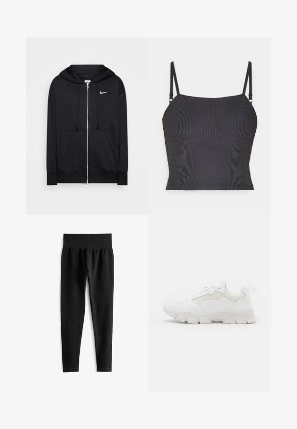 Čierna zipsová mikina z mäkkej tkaniny, s kapucňou, prednými vreckami, rebrovanými manžetami a malým bielym logom Nike na hrudi.; Čierny rebrovaný tielko s tenkými nastaviteľnými ramienkami a priliehavým strihom, ktorý má hladkú textúru a rovný výstrih.; Čierne rebrované legíny so širokým elastickým pásom. Tkanina vyzerá pružne a textúrovane, končiac tesne nad členkom.; NA-KD CONTRAST SOLE TREKKING - Tenisky - white
