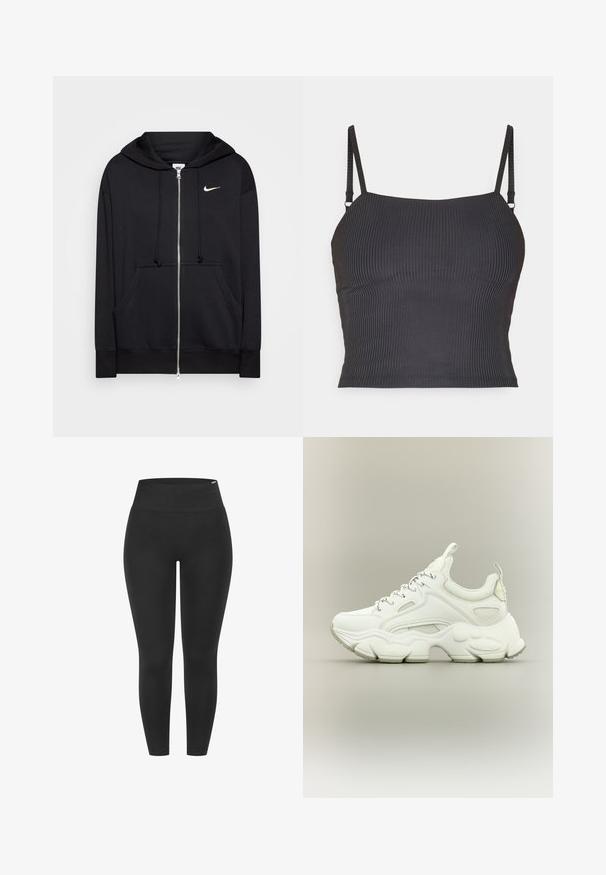 Schwarze Zip-Hoodie aus weichem Stoff, mit Kapuze, Fronttaschen, gerippten Bündchen und einem kleinen weißen Nike-Logo auf der Brust.; Schwarzes geripptes Trägertop mit dünnen verstellbaren Trägern und taillierter Passform, das eine glatte Textur und einen geraden Halsausschnitt aufweist.; Schwarze Leggings mit hohem elastischem Bund, glatter Textur und figurbetontem Design, geeignet für verschiedene Aktivitäten.; Weißer klobiger Sneaker mit dicker, strukturierter Sohle, Mesh- und Lederobermaterial, Schnürverschluss und Zuglaschen an Zunge und Ferse.
