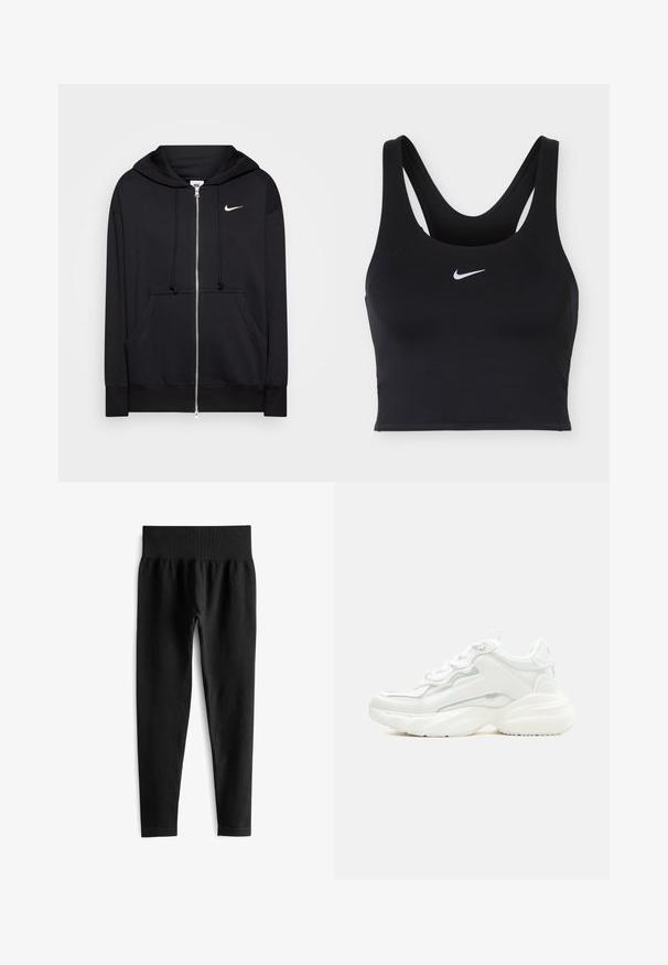 Zwarte rits hoodie van zacht materiaal, voorzien van een capuchon, zakken aan de voorkant, geribde manchetten en een klein wit Nike-logo op de borst.; Zwarte Nike sportbeha met brede bandjes en wit Nike Swoosh-logo in het midden aan de voorkant.; Zwarte geribde leggings met een brede elastische tailleband, met een aansluitende pasvorm en een gladde textuur. Geen zichtbare hardware of patronen.; Witte chunky sneaker met dikke zool, veters aan de voorkant en een glad bovenwerk van synthetisch materiaal met subtiele stikdetails.