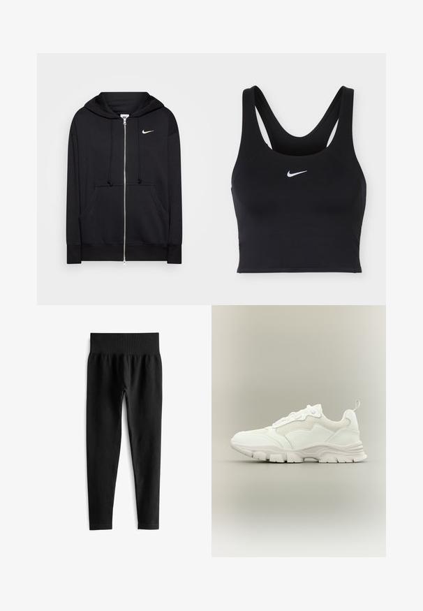 Schwarze Zip-Hoodie aus weichem Stoff, mit Kapuze, Fronttaschen, gerippten Bündchen und einem kleinen weißen Nike-Logo auf der Brust.; Schwarzer Nike Sport-BH mit breiten Trägern und weißem Nike Swoosh-Logo mittig vorne.; Schwarze gerippte Leggings mit einem breiten elastischen Bund, das eine taillierte Silhouette und eine glatte Textur aufweist. Keine sichtbaren Beschläge oder Muster.; Weißer Sportschuh mit Mesh- und Leder-Obermaterial, klobiger Sohle und Zuglasche an der Ferse, in Seitenansicht auf neutralem Hintergrund gezeigt.