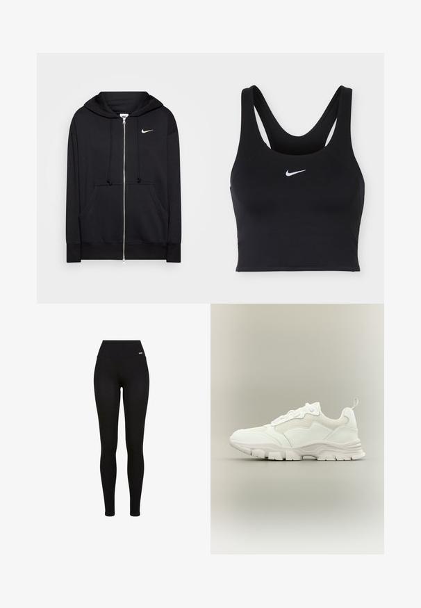 Schwarze Zip-Hoodie aus weichem Stoff, mit Kapuze, Fronttaschen, gerippten Bündchen und einem kleinen weißen Nike-Logo auf der Brust.; Schwarzer Nike Sport-BH mit breiten Trägern und weißem Nike Swoosh-Logo mittig vorne.; Schwarze Leggings mit hohem Bund, dehnbarem Stoff, glatter Textur und einer enganliegenden Passform, die sowohl für die Freizeit- als auch für Sportbekleidung geeignet sind.; Weißer Sportschuh mit Mesh- und Leder-Obermaterial, klobiger Sohle und Zuglasche an der Ferse, in Seitenansicht auf neutralem Hintergrund gezeigt.