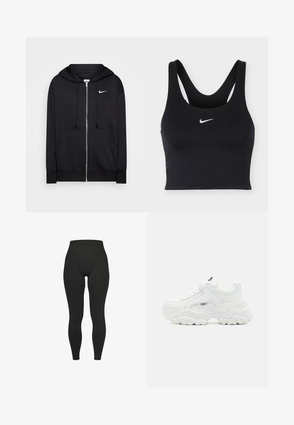 Schwarze Zip-Hoodie aus weichem Stoff, mit Kapuze, Fronttaschen, gerippten Bündchen und einem kleinen weißen Nike-Logo auf der Brust.; Schwarzer Nike Sport-BH mit breiten Trägern und weißem Nike Swoosh-Logo mittig vorne.; Schwarze, hoch taillierte Leggings in voller Länge mit breitem elastischem Bund, dargestellt vor weißem Hintergrund.; Weiße klobige Sneakers mit einem glatten Lederobermaterial, abgerundetem Zehenbereich und dicker, strukturiertem Sohle mit einem sichtbaren Logo der Marke an der Seite.
