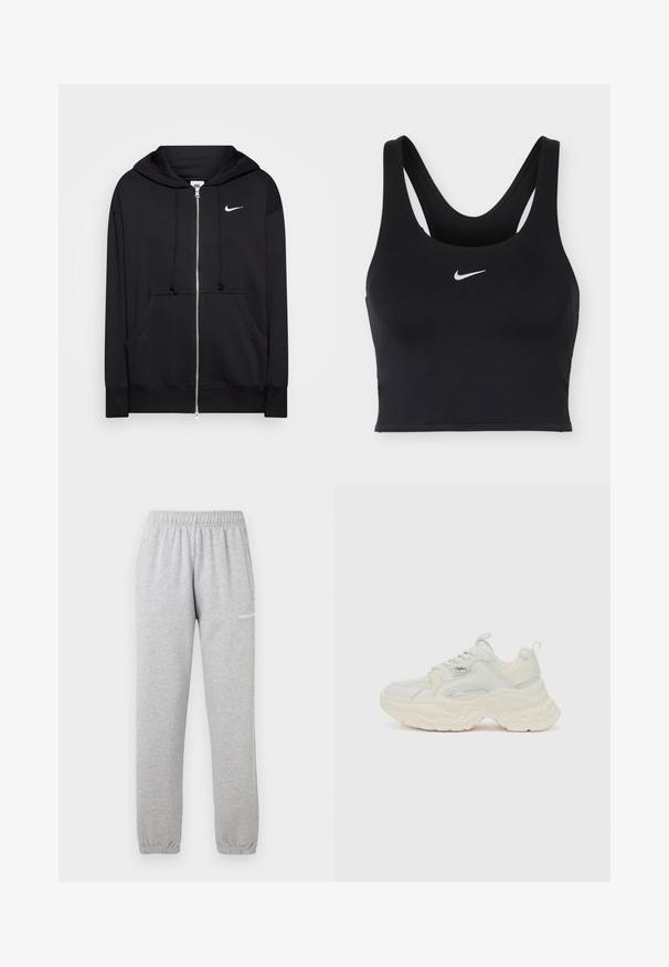 Mustikas värvi tõmblukuga kapuutsiga sviiter, millel on pehme kangas, ees taskud, ribatega mansetid ja rindkeres väike valge Nike logo.; Must Nike spordirinnahoidja laiade rihmade ja ees keskelt valge Nike Swoosh logoga.; Hallid hallid dressipüksid pehmest kangast, millel on elastne vöökoht, kinnised pahkluud ja küljetasku. Logo on trükitud vasakule reiele.; Kerged tossud off-white värvuses, millel on tekstureeritud võrk- ja sile nahk, paks ja laineline tald ning bränditud detailid.
