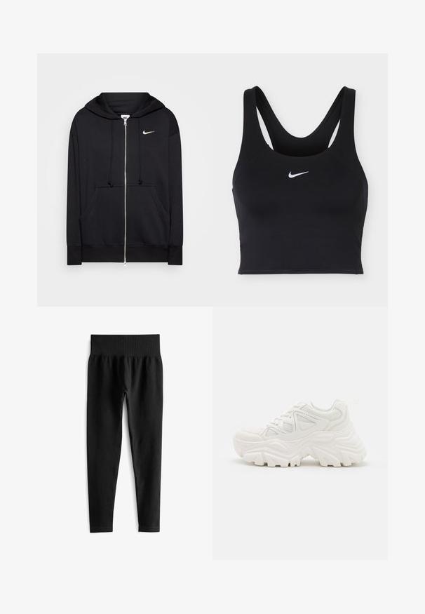 Sort zip-hoodie lavet af blødt stof, med hætte, frontlommer, ribbede manchetter og et lille hvidt Nike-logo på brystet.; Sort Nike sports-bh med brede stropper og hvid Nike swoosh-logo centreret foran.; Sorte ribbede leggings med en bred, elastisk talje. Stoffet ser strækbart og struktureret ud og slutter lige over anklen.; Hvide chunky sneakers med en tekstureret overdel, mesh-paneler og tykke gummisåler med et markant dækmønster. Snørebånd og en pull-tab medfølger.