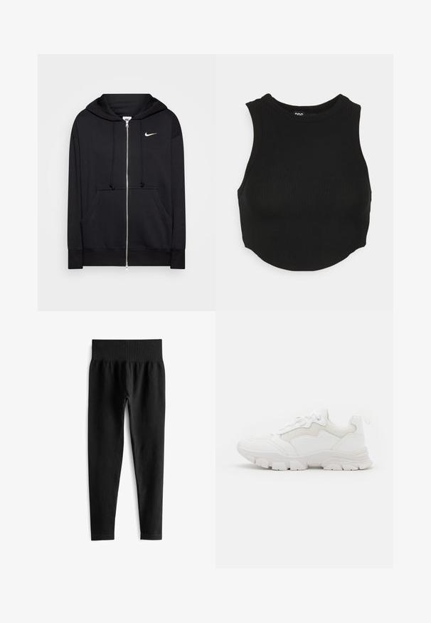 Schwarze Zip-Hoodie aus weichem Stoff, mit Kapuze, Fronttaschen, gerippten Bündchen und einem kleinen weißen Nike-Logo auf der Brust.; Schwarzes geripptes Cropped-Top mit hohem Ausschnitt und ärmellosem Design. Weiche Textur mit figurbetontem Schnitt und leicht abgerundetem Saum.; Schwarze, gerippte Leggings mit einem breiten, elastischen Bund. Der Stoff wirkt dehnbar und strukturiert und endet knapp über dem Knöchel.; NA-KD CONTRAST SOLE TREKKING - Sneaker low - white