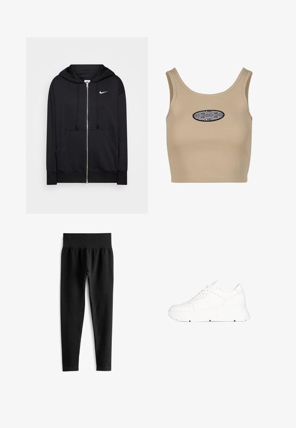 Zwarte rits hoodie van zacht materiaal, voorzien van een capuchon, zakken aan de voorkant, geribde manchetten en een klein wit Nike-logo op de borst.; Geribbelde beige cropped tanktop met een ronde halslijn, featuring een zwart ovale grafiek in het midden met herhalende tekst.; Zwarte geribde legging met een brede, elastische tailleband. De stof lijkt rekbaar en gestructureerd, eindigend net boven de enkel.; Witte sneaker met een glad leren bovenwerk, platte veters, een gewatteerde zool en een licht verhoogd platform. Heeft een minimalistisch ontwerp.