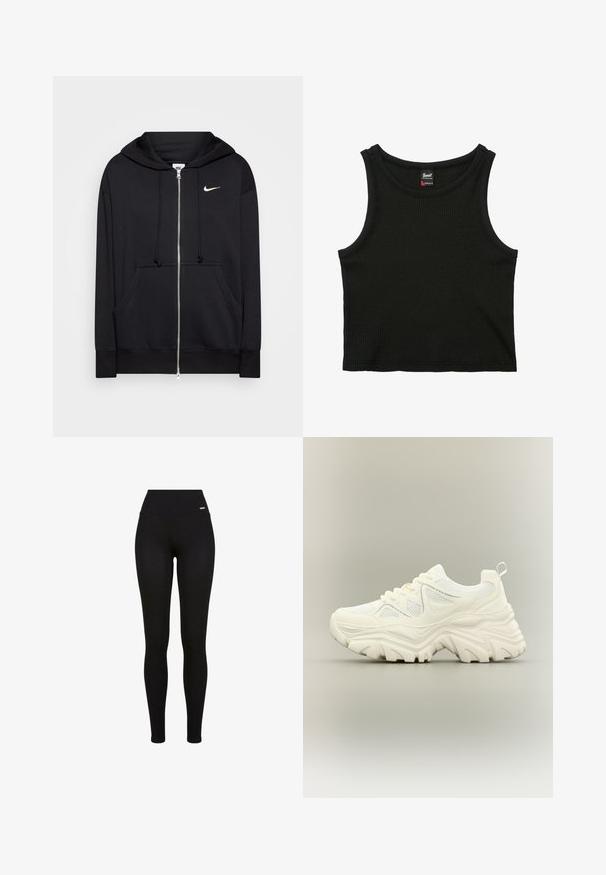 Sudadera con cremallera negra hecha de tejido suave, que cuenta con capucha, bolsillos frontales, puños acanalados y un pequeño logo blanco de Nike en el pecho.; Top corto negro acanalado sin mangas con cuello redondo y pequeña etiqueta de marca dentro del cuello, talla pequeña.; Leggings negros con una cintura alta, tejido elástico, textura suave y un diseño ajustado, aptos para uso casual o deportivo.; Zapatilla blanca gruesa con suela gruesa y texturizada, paneles de malla, cierre de cordones en la parte delantera y tira en el talón sobre un fondo neutro.