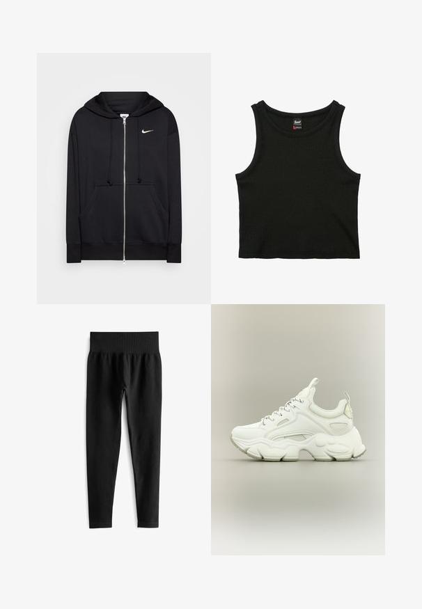 Schwarze Zip-Hoodie aus weichem Stoff, mit Kapuze, Fronttaschen, gerippten Bündchen und einem kleinen weißen Nike-Logo auf der Brust.; Schwarzes, geripptes ärmelloses Crop-Top mit rundem Ausschnitt und kleinem Markenlabel innen am Kragen, Größe Small.; Schwarze, gerippte Leggings mit einem breiten, elastischen Bund. Der Stoff wirkt dehnbar und strukturiert und endet knapp über dem Knöchel.; Weißer klobiger Sneaker mit dicker, strukturierter Sohle, Mesh- und Lederobermaterial, Schnürverschluss und Zuglaschen an Zunge und Ferse.