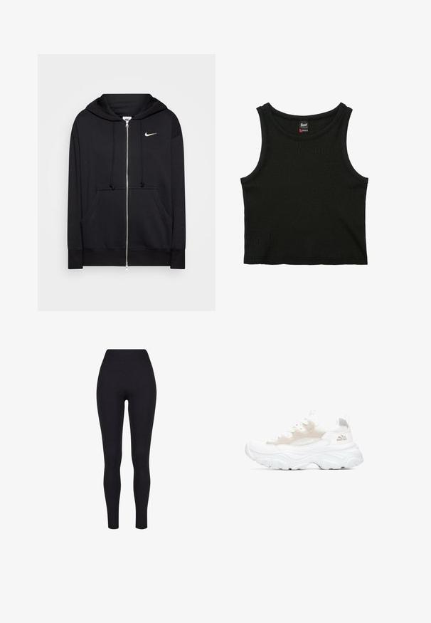 Sudadera con cremallera negra hecha de tejido suave, que cuenta con capucha, bolsillos frontales, puños acanalados y un pequeño logo blanco de Nike en el pecho.; Top corto negro acanalado sin mangas con cuello redondo y pequeña etiqueta de marca dentro del cuello, talla pequeña.; Leggings negros de talle alto, confeccionados con una tela elástica, que presentan una textura suave y un diseño ajustado sin costuras ni patrones visibles.; Zapatilla deportiva blanca con material de malla y goma, suela gruesa, punta redonda y diseño en capas. Presenta cordones y logo en el lateral.