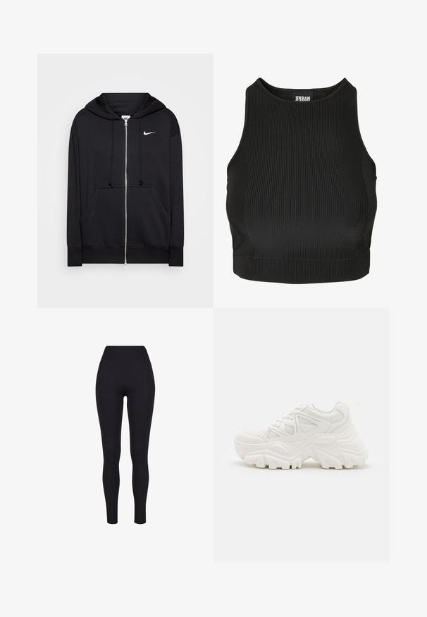 Black zip-up hoodie made of soft fabric, featuring a hood, front pockets, ribbed cuffs, and a small white Nike logo on the chest.; Black ribbed crop top featuring a high neckline and fitted design. Made from a stretchy material with a smooth texture and no visible fastenings.; Black high-waisted leggings, made from stretchy fabric, featuring a smooth texture and form-fitting design without any visible seams or patterns.; White chunky sneakers featuring a textured upper, mesh panels, and thick rubber soles with prominent tread pattern. Laces and pull tab included.