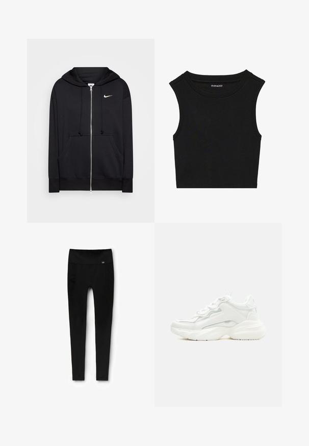 Schwarze Zip-Hoodie aus weichem Stoff, mit Kapuze, Fronttaschen, gerippten Bündchen und einem kleinen weißen Nike-Logo auf der Brust.; Schwarzes ärmelloses Crop-Top mit gerippter Textur. Es hat einen runden Ausschnitt und breite Schulternaht. Hergestellt aus einem dehnbaren Stoff.; Schwarze Leggings mit glatter Textur, hohem Bund und figurbetontem Design. Verfügen über subtile Nähte entlang der Beine.; Weißer klobiger Sneaker mit dicker Sohle, Schnürverschluss vorne und glattem, synthetischem Obermaterial mit dezenten Steppnähten.