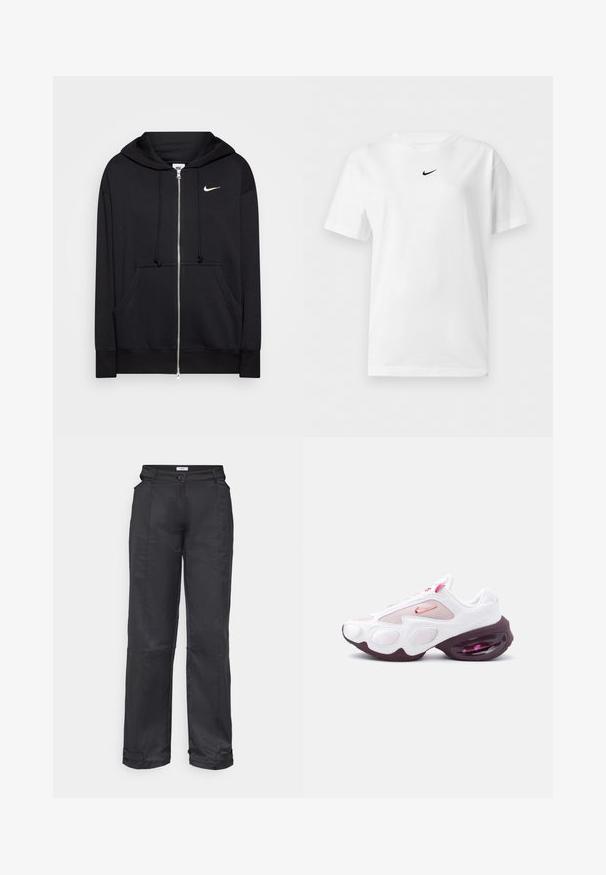Schwarze Zip-Hoodie aus weichem Stoff, mit Kapuze, Fronttaschen, gerippten Bündchen und einem kleinen weißen Nike-Logo auf der Brust.; Weißes T-Shirt mit kurzen Ärmeln und Rundhalsausschnitt, mit einem kleinen schwarzen Nike Swoosh-Logo zentriert nahe dem Kragen.; Envii EMBLA PANTS CUT - Stoffhose - black; Weißer und rosa Sportschuh mit Netzpaneelen, einem pinken Nike-Swoosh und einer dicken, dunkelvioletten Sohle mit sichtbarer Luftdämpfung.