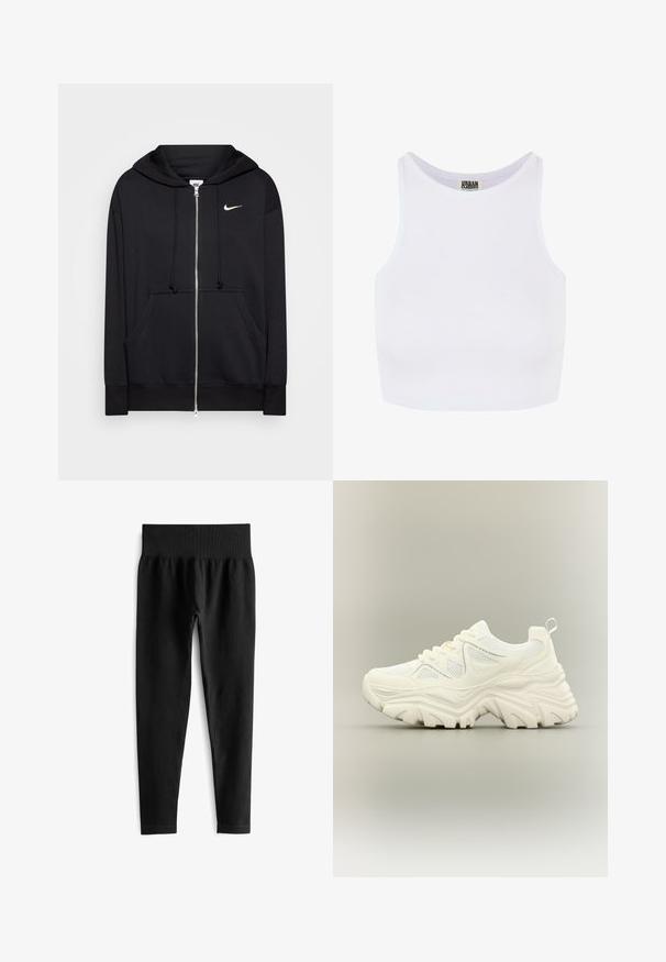Sudadera con cremallera negra hecha de tejido suave, que cuenta con capucha, bolsillos frontales, puños acanalados y un pequeño logo blanco de Nike en el pecho.; Top corto blanco de canalé con tirantes anchos y escote redondo. Presenta una textura suave y un diseño minimalista sin patrones.; Leggings negros acanalados con una amplia cinturilla elástica, que presentan una silueta ajustada y una textura suave. Sin hardware visible ni patrones.; Zapatilla blanca gruesa con suela gruesa y texturizada, paneles de malla, cierre de cordones en la parte delantera y tira en el talón sobre un fondo neutro.