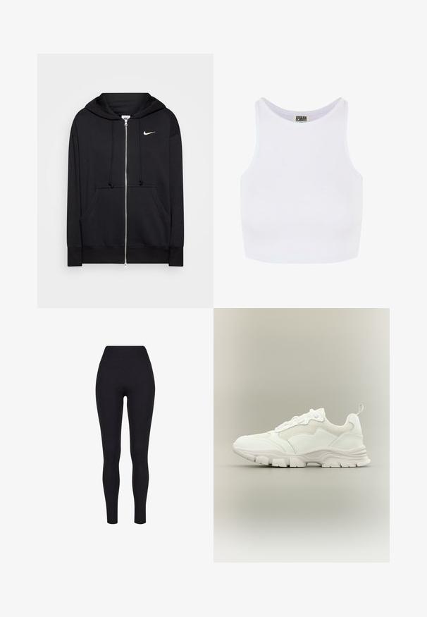 Hoodie zippé noir en tissu doux, doté d'une capuche, de poches frontales, de poignets côtelés et d'un petit logo Nike blanc sur la poitrine.; Débardeur court blanc à côtes avec de larges bretelles et un col rond. Il présente une texture douce et un design minimaliste sans motifs.; Leggings noirs taille haute, fabriqués à partir d'un tissu extensible, présentant une texture lisse et un design ajusté sans coutures ni motifs visibles.; Baskets blanches de sport avec tige en mesh et cuir, semelle épaisse et languette au talon, présentées de profil sur fond neutre.