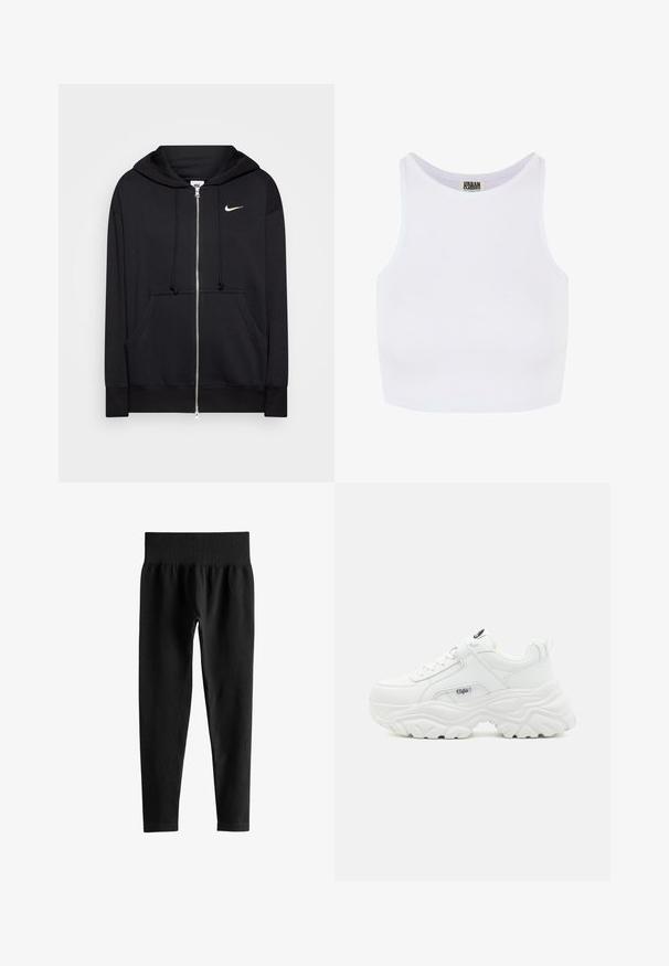 Sort zip-hoodie lavet af blødt stof, med hætte, frontlommer, ribbede manchetter og et lille hvidt Nike-logo på brystet.; Hvid ribbet cropped tanktop med brede skulderstropper og en rund udskæring. Har en blød tekstur og et minimalistisk design uden mønstre.; Sorte ribstrikkede leggings med høj talje og bred elastik i taljen, tætsiddende pasform i fuld længde uden synlige logoer eller mønstre.; Hvide chunky sneakers med en glat læderoverdel, rund tå og tyk tekstureret sål med et synligt brandlogo på siden.
